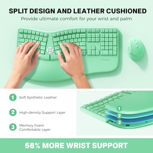 Image of MEETION Ergonomic Keyboard and Mouse, Wireless Keyboard with Vertical Mouse, Split Curved Keyboard with Wrist Rest, USB C Rechargeable Full Size, Windows /Mac /PC /Laptop, Green