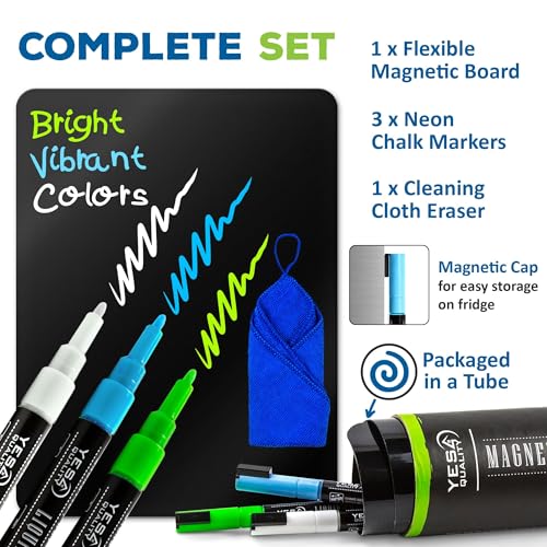 Magnetische schwarze Trockenlöschtafel für Kühlschrank - A4 / 21x30 cm - schmutzabweisend mit 3 magnetischen Neon-Kreidemarkern mit feiner Spitze & Radiergummi - von Yes4Quality