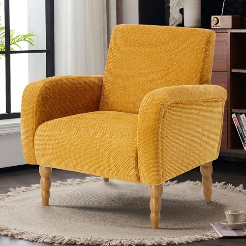 Chenille Fabric Armchair Upholstered Accent Chair with Solid Wood Legs, Modern Living Room Tub Chairs, Comfy Single Sofa Reading Club for Bedroom Reception Lounge (Velvet Yellow)