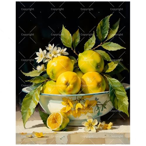 Still Life Paint by Numbers Kit for Adults - DIY Lemons in Decorative Bowl Painting on Canvas 16x20 Inches, Acrylic Paint Set, Suitable for Beginners, for Home Decoration or Gifts