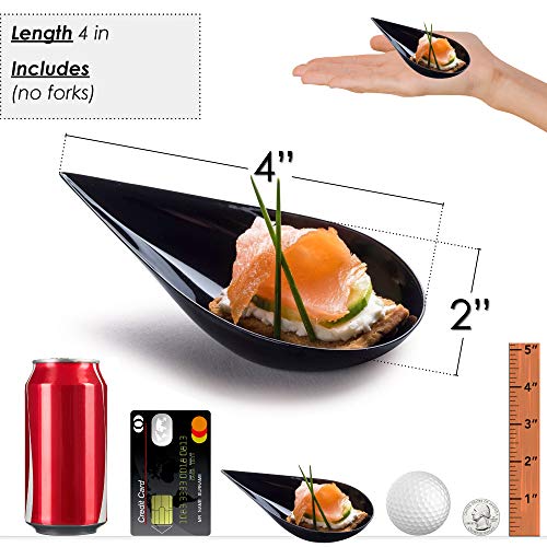Dlux 100 4-In Tear Drop Mini Appetizer Plates, Reusable Black Plastic Spoons - Desserts And Appetizers Dishes Serving Plate - Asian Spoon Set, Small Catering Dessert Tasting Cups - With Recipe Ebook #TOP2
