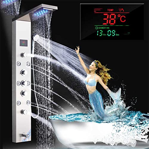 Rtbbyu Stainless Steel Led Light Shower Panel Faucet Wall Mounted Spa Massage System Shower Column System Digital Temperature Screen #TOP1