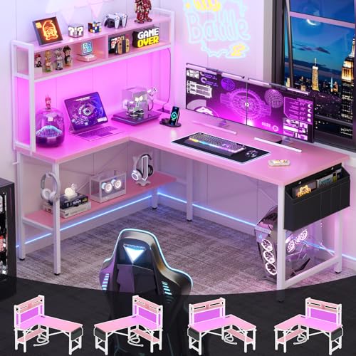 Image of Aheaplus L Shaped Desk Gaming Desk, 59 inch L Shaped Computer Desk with LED Light & Power Outlet, Reversible Home Office Desk Gamer Desks with Shelves & Storage Bag & Hooks, Corner PC Desk, Pink
