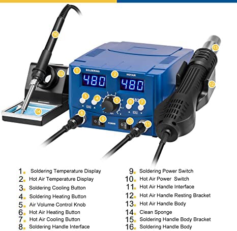 Prostormer 750W Soldering Iron Station, 2 In 1 Digital Hot Air Rework Station With 212°F- 896°F Temperature Control, Led Display, Desoldering Pump, 4 Tweezers Blue #TOP3