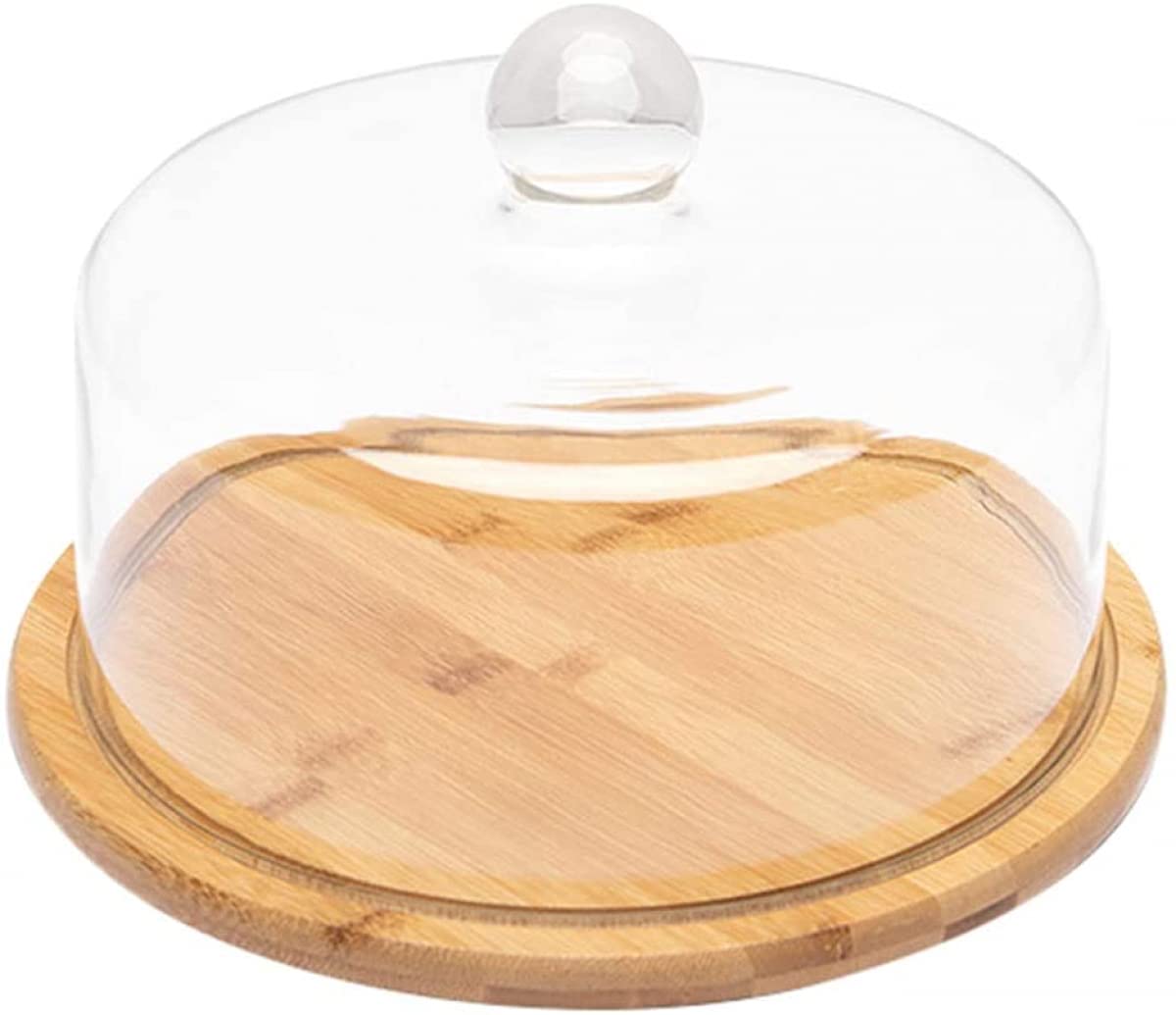 Cúpula de cristal para tartas con plato de bambú para servir, 21 x 21 x 15,7 cm, perfecta para queso, pasteles y postres, elegante solución de exhibición y almacenamiento de alimentos