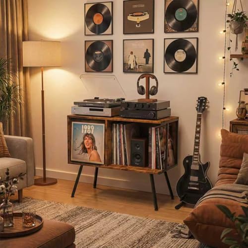 Image of Faesun Flip Top Record Player Stand, Large Turntable Stand Holds up to 150+ Albums, Vintage Mid Century Record Player Table, Stereo Cabinet with Open Storage, for Living Room, Bedroom, Rustic Brown