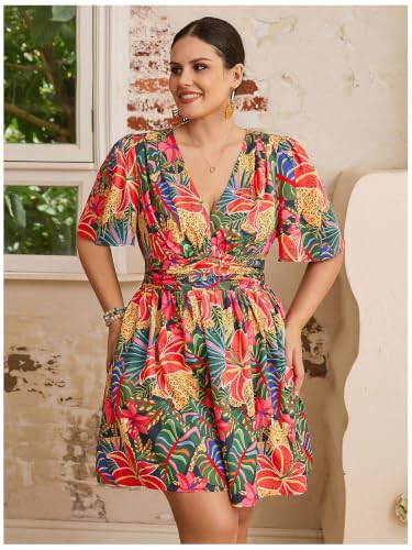 Image of Floerns Women's Plus Size Printed V Neck Short Sleeve Ruffle Hem Summer Short Dresses