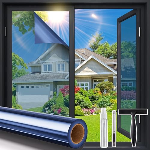Coavas One Way Window Privacy Film, Window Tint for Home, Daytime Reflective Mirror Glass Windows Coverings Heat UV Blocking See Out Not in, Blue, 17.5 x 78.7 Inch