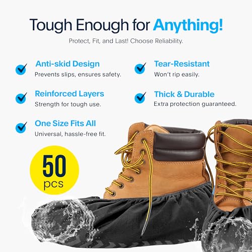 Image of Premium Disposable Boot & Shoe Covers Booties | 50 Pack | Durable, Non-Slip, Non-Toxic, Water Resistant, Recyclable Protectors for Indoor & Outdoor | Large Size Fits Most Shoes