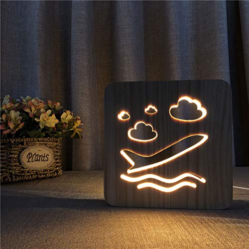 LED Nachtlicht 3D Holz Geschnitzt Kinderzimmer Flugzeugform Schlafzimmer Wohnzimmer Dekoration Lichter(Color:EIN)