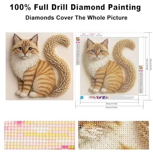 Image of 5D Cat Diamond Art Kits for Adults, Cute Orange Tabby Cat Diamond Painting Kits for Adults Beginners, DIY Full Drill Round Rhinestone Gem Art Crafts Paintings for Home Wall Decor 13.8 x 13.8 inch