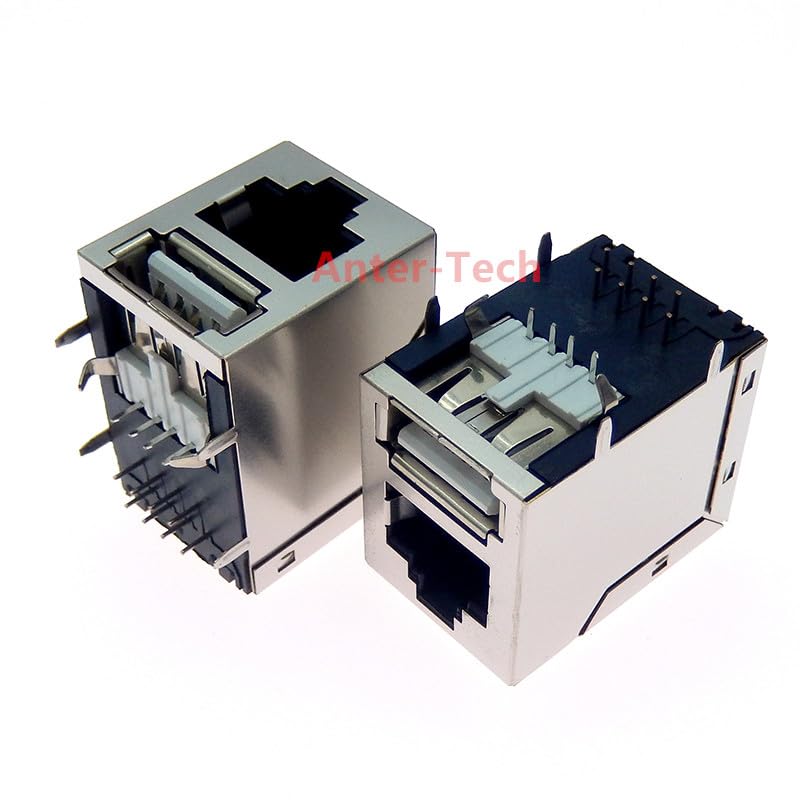 Wiring Connecting Terminals - Network Connector Module USB + RJ45 Receptacle Ethernet PCB Jack Right Angle Through Hole Network Side Entry
