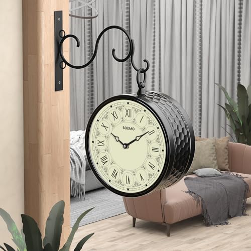 Image of Amazon Brand - Solimo Double Sided Vintage Station Wall Clock, one Side Roman and Other Side Numeral dial (8 Inches, Black) Metal, Analog