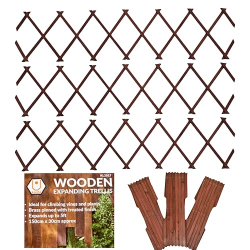 3 graticci espandibili da giardino in legno color marrone scuro, ogni pezzo si espande fino a 150 x 30 cm