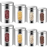 8 Pieces Stainless Steel Canister Set, Kitchen Canisters Storage Jars with Visible Window Food Canister Containers with Airtight Lid for Kitchen Counter Sugar Tea Coffee Flour Spice Cookie Candy