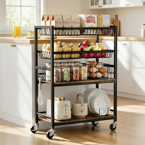 Kssiaz Carrello Portaoggetti da Cucina, Carrello Snack a 4 Ripiani con Ruote, Cestino per Frutta e Verdura, Organizzatore con 4 Cestelli in Rete Rimovibili per Cucina, Bagno, Soggiorno, Ufficio, Nero