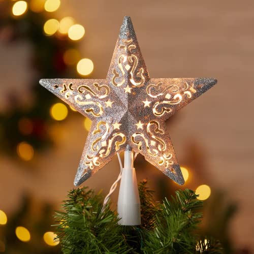 8” Christmas Star Tree Topper Silver Glittered Hollow Star Topper Built In 10 Bulbs String Lights 3D Star Treetop Plug In (4 Bulbs 2 Fuses Spare) For Holiday Decor Christmas Tree Decorations #TOP17