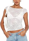 KTILG White See Through Lace Tops for Women Sexy Cap Sleeve Mesh Sheer Tee Shirt Boat Neck Layering Top Street Wear L