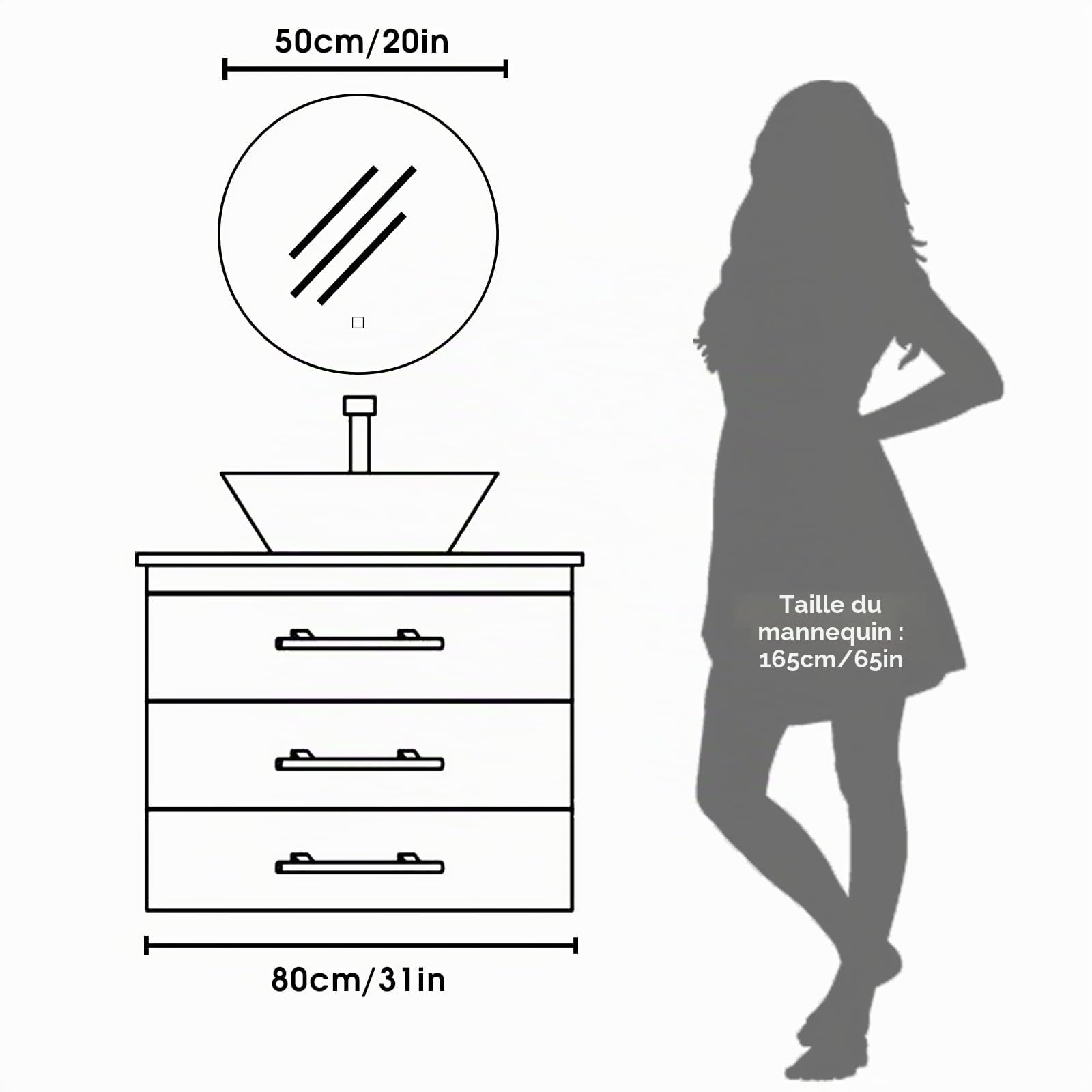 Miroir Salle de Bain LED Rond 50cm, 3 Couleurs Lumière Dimmable, Interrupteur Tactile