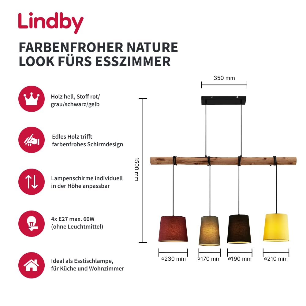 Lindby Esstisch Pendelleuchte Holz, Textil Balkenpendelleuchte Holzast und Stoff Lampenschirm Hängelampe Lampe Wohnzimmer 4x E27 ohne Leuchtmittel | E27 4 Lampen Modern Holz Stoff für Wohnzimmer Wohnzimmer Küche Esszimmer
