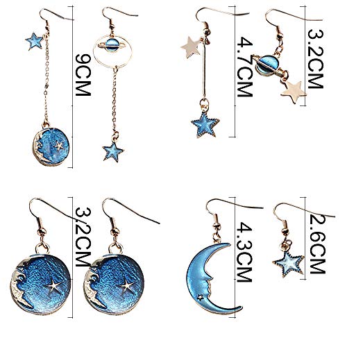 Moon Star Earrings Dangle Earth Planet Asymmetrical Drop Earrings Astronaut Stud Earrings Jewelry For Women Girls (4 Pairs Blue) #TOP3