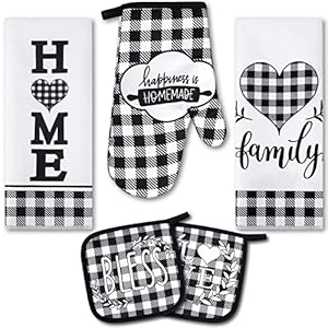 5 Pieces Buffalo Plaid Kitchen Towels Oven Mitts and Pot Holder Set Black and White Kitchen Towels Oven Gloves and Hot Pads Pot Holders for Farm House Kitchen Accessories and Decor (Heart)