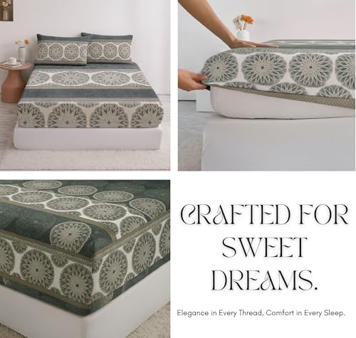 Image of VAS COLLECTIONS Luxury Warm Winter Elastic Fitted Bedsheet with 2 Pillow Covers - Ultra Soft Flannel Velvet Touch, Cozy & Wrinklefree lintfree Size - 78x72+10 Inches (Grey & Creram)