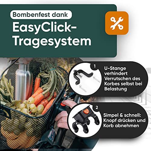 EASYCLICK Fahrradkorb Vorne Abnehmbar [15L Volumen] Metall | Regenschutz | für E-Bikes und jeden Lenker geeignet | mit Klicksystem und Schnellbefestigung | Einkaufskorb mit Tragegriff, Schwarz
