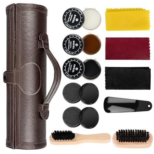 aquota Shoe Polish Kit – Leather Care Set with Brushes, Wooden Applicator & Travel Case, 12PCS Professional Cleaning Set for Brown and Black Shoes