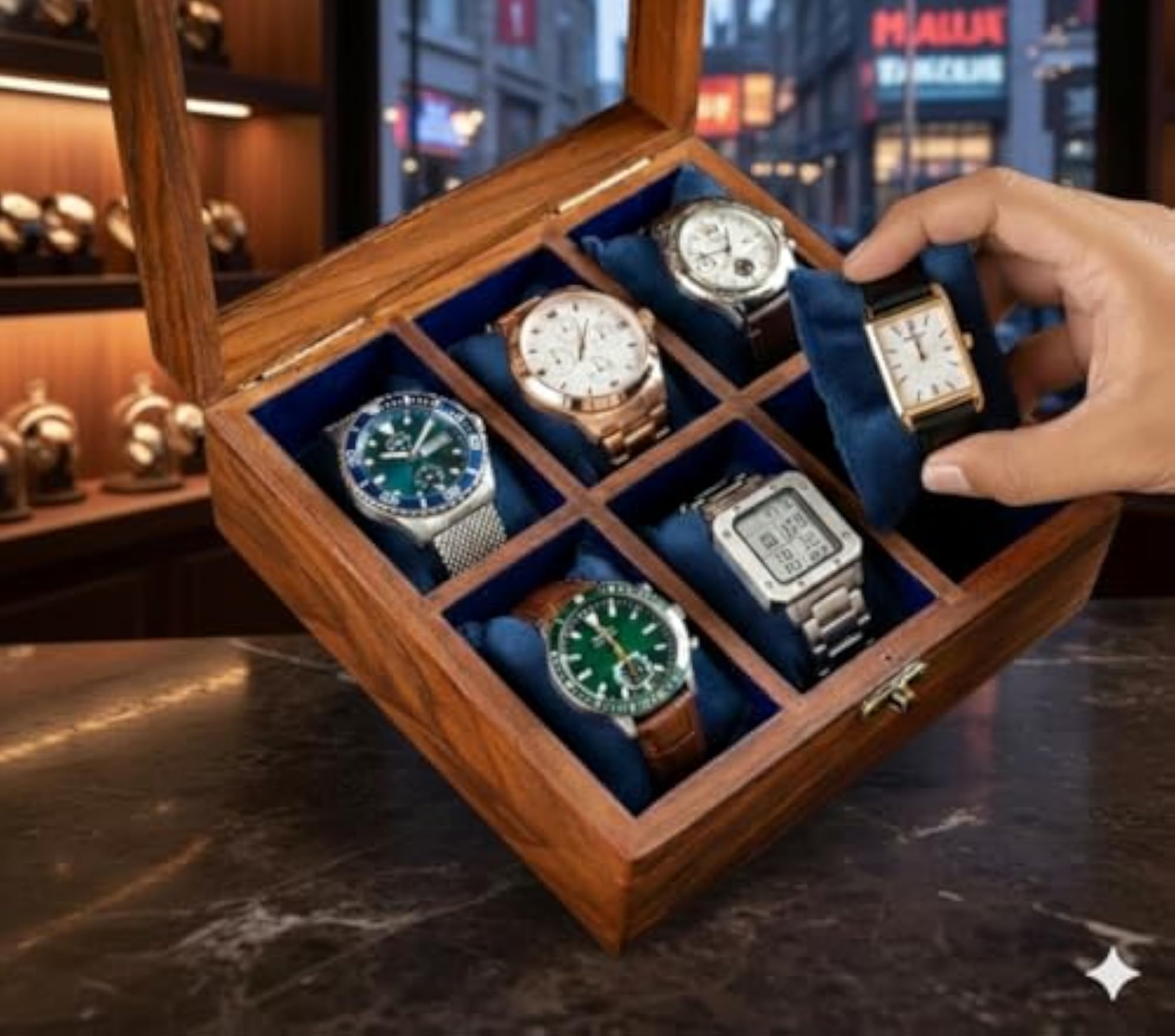 Rosewood Watch Box Organizer with Hinged Lid, 6 Compartments