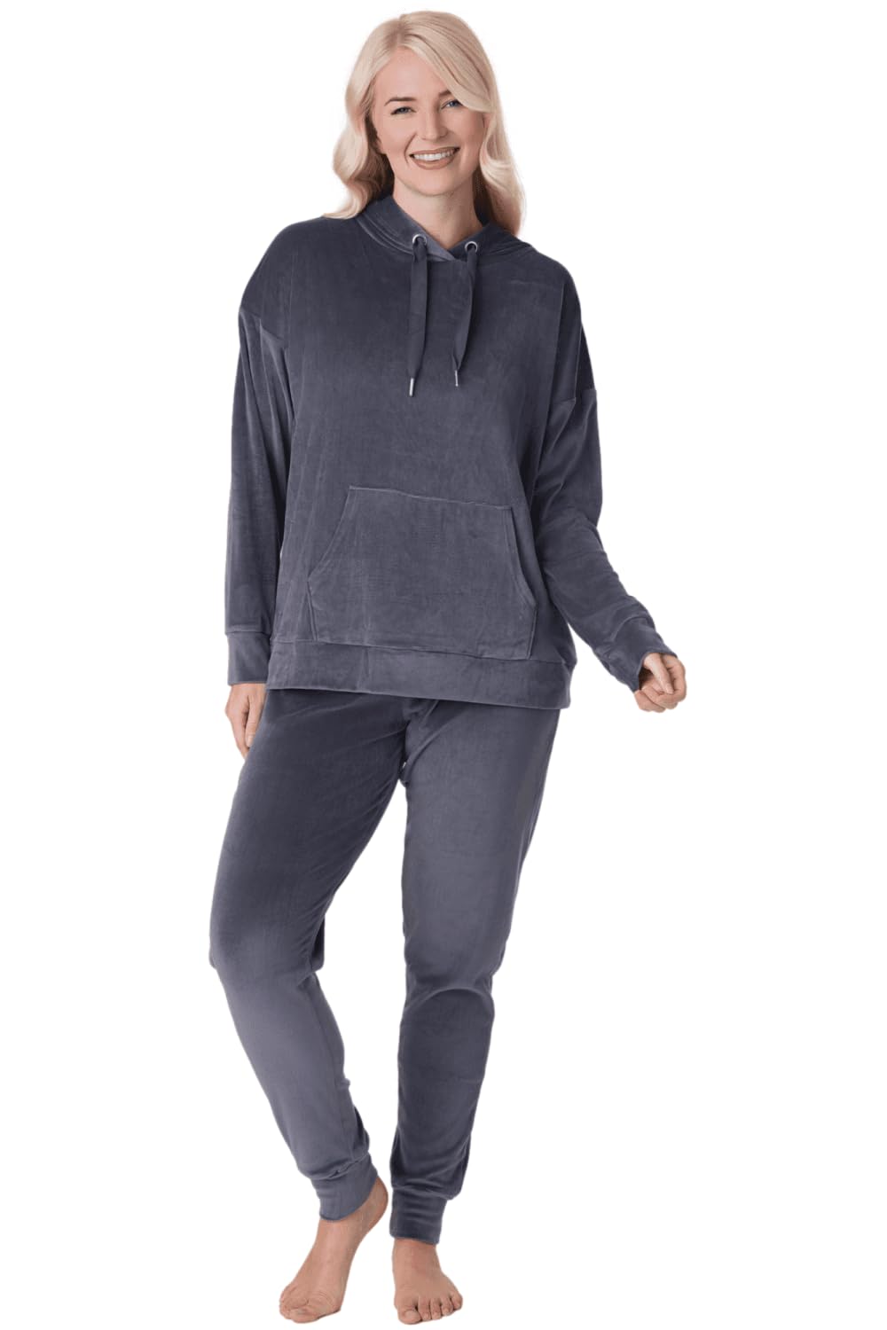 Camille Women's Charcoal 2 Piece Super Soft Pyjama Set | Velour Full Length Pjs | Drawstring Hooded Long Sleeve Top & Elasticated Waist Bottoms | Comfy & Cosy Lounge Wear | Luxury Feel | 16-18