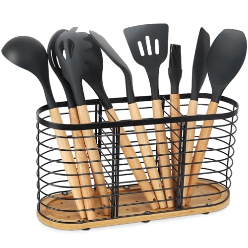 Küchenutensilienhalter，Besteckhalter aus Metall - Perfekte Organisation für Ihre Küche ，große schwarze Edelstahl Utensil Schale mit hölzernen Basis，3 Fächer Küchenutensilien Caddy，Schwarz