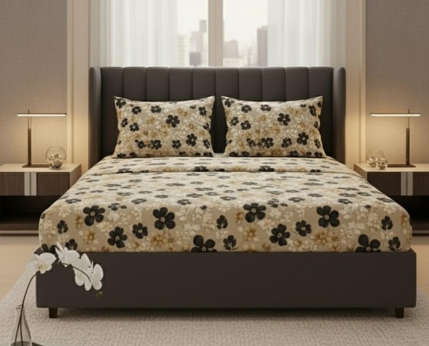 Image of 400TC 7D Cotton Feel Glace Cotton Elastic Fitted Bedsheet Queen Size || Includes 1 Double Bed Elastic Bedsheet Queen Size with 2 Pillow Covers (60 inch x 78 inch Inches, Onyx)