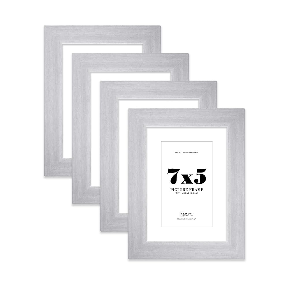 7x5" Silver Frame With Mount for 5x3" Pictures 28mm Edge Portrait and Landscape Display with Wall Hooks and Kickstand, 4 Pack