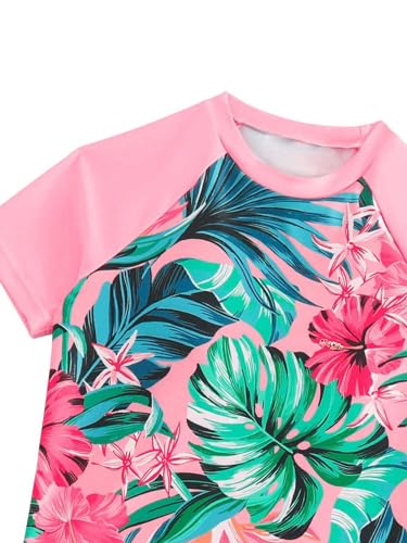 OYOANGLE Girl's 2 Piece Tropical Print Swimsuits Bathing Suits Short Sleeve Top and Swim Shorts Set3