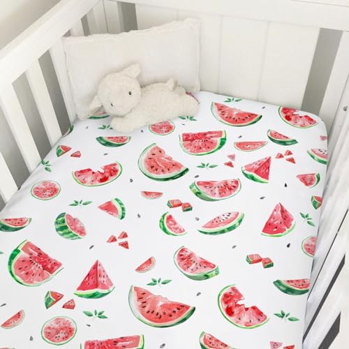 Image of Watercolor Watermelon Baby Crib Sheet 52''x28'' Watermelon Leaves Stretchy Fitted Crib Mattress Cover for Boy Girl Tropical Summer Fruits Soft Nursery Bed Sheet for Standard Crib and Toddler Mattress