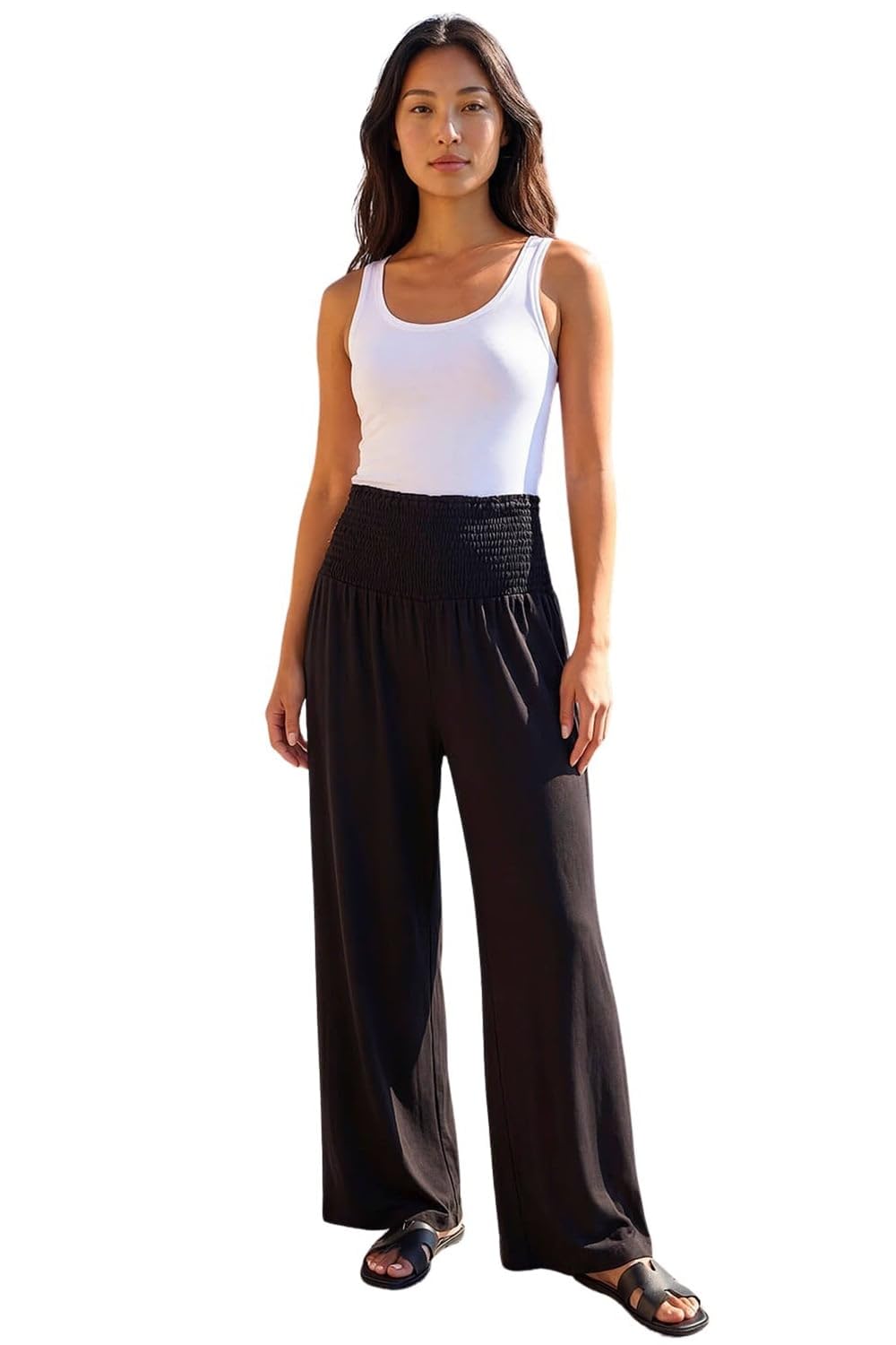 Roman Petite Women's Black Shirred Wide Leg Stretch Trouser Size 12