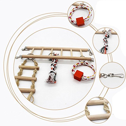 Bird Toys Set Wood Climbing Ladder Bridge Swing 4-Pieces for Parrot Parakeet Cockatiel Conure Cockatoo African Grey Macaw Eclectus Amazon Budgie Lovebird Finch Canary Cage Stand Perch