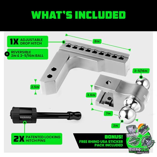 Image of Rhino USA Adjustable Trailer Hitch (2.5-Inch Receiver) - Heavy Duty Aluminum Tow Hitches with 8-Inch Drop /Rise for Truck (18,500 LBS GTW) - Weatherproof Double Anti-Theft Locking Hitch Pins (Silver)