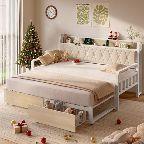 ONBRILL Twin Daybed with Trundle, Twin to King Daybed with Pop up Trundle, Metal Twin Day Bed Frame...