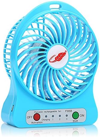 Ccaravan F95B 4 inch Portable Mini Fan 18650 Rechargeable Battery Operated 3 mode Speeds with LED Light Extra USB Cable 5 Colors (blue)