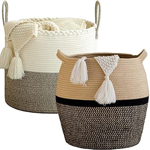 KAKAMAY Woven Baskets for Storage,Large Cotton Rope Basket Woven Baby Laundry Hamper,Collapsible Laundry Basket, Blanket Basket for Organizing Living Room,Nursery,Clothes,Toy chest (Black) Cover