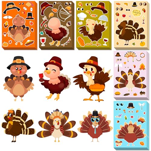 Thanksgiving Stickers for Kids, DIY Crafts Stickers for Kids, Make a Turkey Face Sticker, Thanksgiving Games Activities Decorations Party Supplies(24 Sheets)