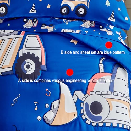 Image of Construction Toddler Bedding Set for Boys,4 Pieces Blue Toddler Comforter Set,Truck Vehicles Excavator Cars Printed,Soft Crib Bed Sheets Set Includes Comforter,Flat Sheet,Fitted Sheet and Pillowcase