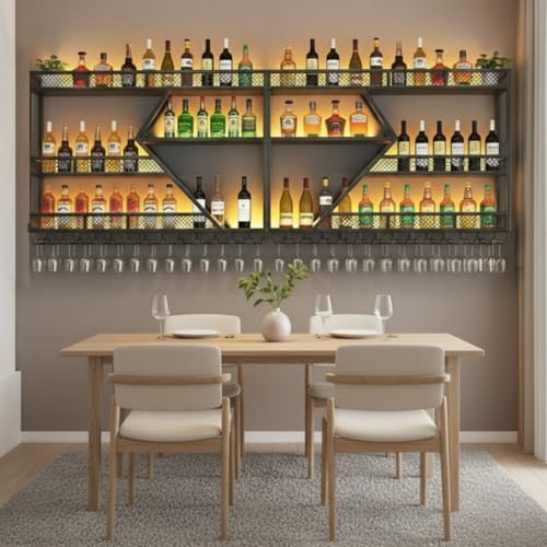 HFTUW 79in Modern Wall Mounted Wine Rack w/LED Light, Metal Wall Bar Shelves Wall Mounted w/Glass...