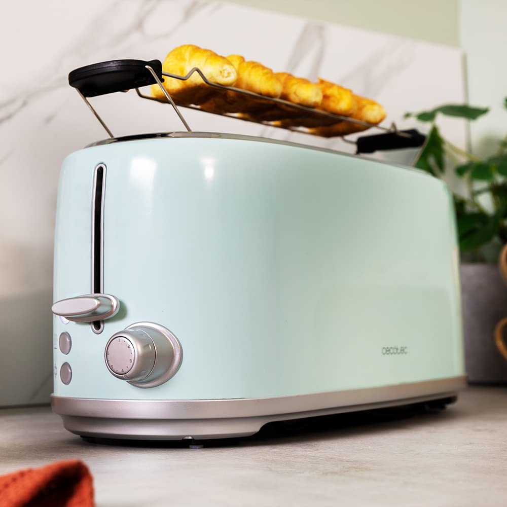 Cecotec Toster, 4 plasterki Toast & Taste 1600 Retro Double Blue, 1630 W, 2 szerokie gniazda 3,8 cm i długie, stal nierdzewna, górne pręty, regulowana moc, taca na okruchy