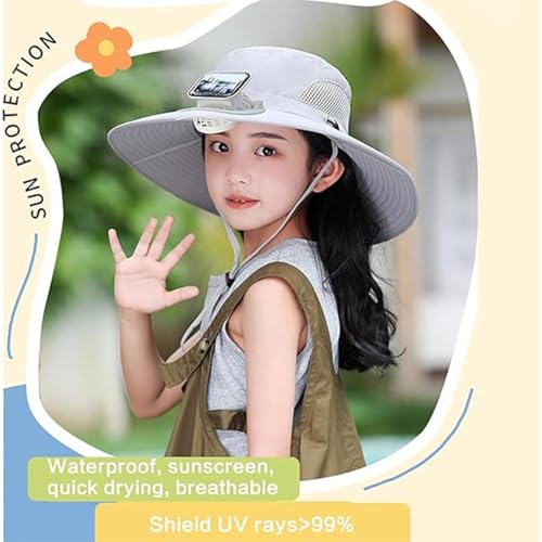 Wide Brim Solar Fan Hat for Kids, Quick Drying Solar Powered Fan Caps, Outdoor Sun Protection Bucket Hats for Child4
