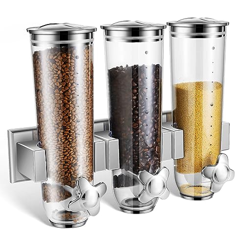 Umigy 1 Pcs Candy Dispenser Wall Mounted, Triple Dry Cereal Grain Dispenser Machine Wall Mount, Food Storage Container for Pantry Snack with 3 Cup for Kitchen, 39 oz (Silver)
