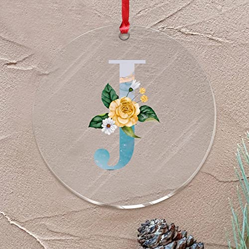 Blue Monogram Initial Letter J Christmas Ornaments Greenery Shrubs Plants Round Christmas Tree Ornament Keepsake Beautiful Floral Yellow Acrylic Christmas Bauble For Christmas Tree Decorations #TOP4