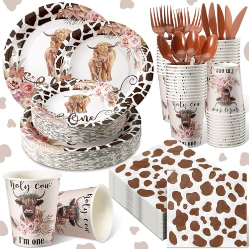 Tanlade 324 Pcs Highland Cow Birthday Party Favors Brown Holy Highland Cow Baby Shower Decoration Supply Disposable Tableware Set Includes Plates Cups Napkins Knives Forks Spoons for 36 Guests by Tanlade - Used condition - US$13.64